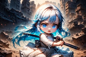 Masterpiece, beautiful chibi girl, very long hair, long light blue hair, blue eyes, white dress, happy, serious eyes, hand holding weapon, open mouth, fighting pose. The background is war, detailed texture, high image quality, high resolution, high precision, realism, color correction. , proper lighting settings, harmonious composition, Behance works,battoujutsu