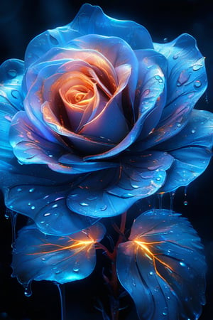 masterpiece, 8k, HDR, best quality, (highly detailed skin), photography, analog style, real life, extremely beautiful, (highly detailed, intricately detailed), (alluring eyes), depiction of a blue bioluminescent flower with bright, sharp, staring eyes, rose's petals attached to water droplets, mimics the texture seen in sculptural artwork, delicate combination of oil and marker lines on cracked epoxy glass, ultra-fine illumination, highly stylized and dramatic, (3D) image,Glowing Flower