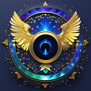 a divinely beautiful emblem blue eclipse, blue blow, masterpiece quality, iridescent, explicit, BREAK loving look, holy theme, angel wings, majestic, golden, triadic colors, perfect contrast, golden patterns, minimalistB, minimalistbadge, text as "T A"