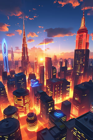 A dynamic, high-energy scene featuring a cluster of iconic city. Highly detailed landscape, gather around a gleaming, futuristic cityscape. The logos are arranged in a circular pattern, with each logo glowing softly to represent its significance. Epic music plays in the background as the characters strike powerful poses, emphasizing their unique personalities. The anime-inspired color palette features vibrant hues like orange, blue, and red.