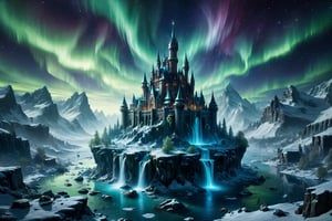 icy floating island, fantasy art, castle, snowing, high_resolution, 8K, aurora night sky