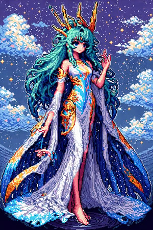 SelectiveColorStyle, light colors, Pixel art of a majestic goddess. Starry clouds background, Best quality, score_9, vivid colors, anime style, elegant, highly detailed, masterpiece, HD