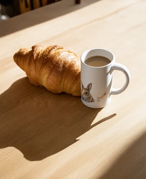 Create an image of a family coffee mug with a rabbit print, placed on a rustic wooden table. Beside it, a freshly baked croissant with a golden-brown crust is perfectly arranged. The scene is illuminated by soft morning sunlight, casting a warm glow over the table. The composition focuses on the mug and croissant, with a slight depth of field to emphasize the cozy breakfast setting.