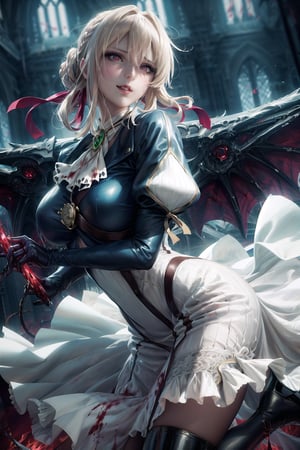 high detail, rapthalia, women, vampiric, large breasts, ((leather leggings, thigh uniform), stiletto boots, black lips, (pretty red glowing eyes), pretty face, teasing, evil look, fang teeth, smirk, (blood dripping from mouth), demon wing, pornographic pose, blurry background, vamptech, manga panel, monochrome, full length, masterpieces, violet evergarden, braid, hair ribbon, red ribbon, jewelry, white ascot, brooch, blue jacket, long sleeves, brown gloves, white dress, long dress