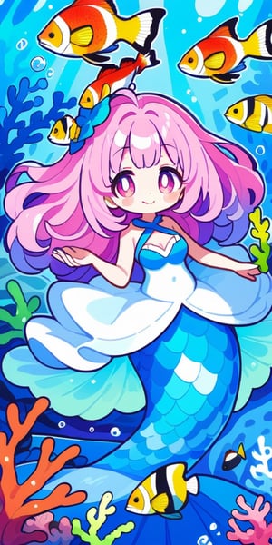 score_9, score_8_up, score_8, score_7_up, vibrant watercolor anime style. Gorgeous mermaid playing with other fish on the sea. She smiles charmingly as she holds a coral. A whimsical deep seat emerges out of a blue background