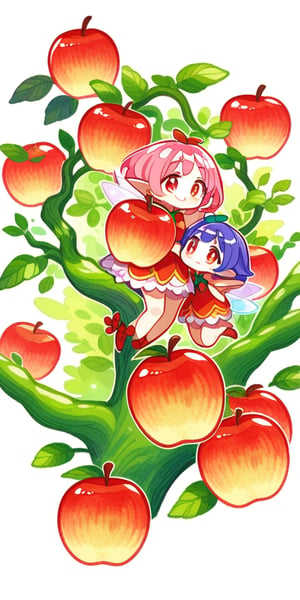 score_9, score_8_up, score_8, score_7_up, vibrant watercolor anime style. Multiple fairies, Gorgeous tiny fairy picking an apple on tree. She smiles charmingly as she holds an apples. A whimsical forest emerges out of a white background