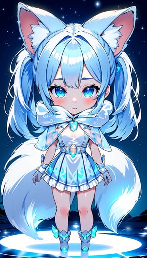 chibi girl, front view, Anthropomorphized fox Girl: Pure blue hair tied into high twin ponytails, with a blue sheen at the ends Blue eyes, like stars shining in the night sky White clothing featuring a blue glowing moon pattern on the chest A translucent fiber optic skirt with blue LED lights, mimicking the starry sky Light and semi-transparent white shawl embroidered with blue crescent moons and stars Two pairs of white fox ears and a long fox tail, with a blue LED light at the tip of the tail Boots adorned with blue fiber optics, giving a futuristic feel White fingertip touchscreen gloves.full body,chibi, sanrio style, 3D colour,Anime Style