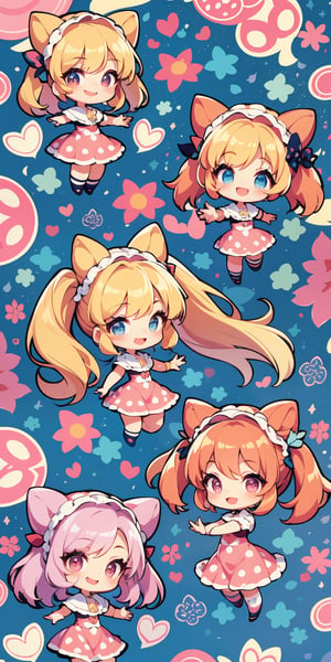 pattern_background, polka-dot, chibi girls, multiple girls, happy, pink and blue background, high detailed, pattern_w4llpaper