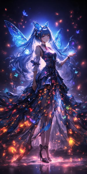 Gorgeous romantic elements, halloween theme, halloween, transparent bright color rendering, ((panorama)), flare rendering + transparent watercolor, color rendering, ((night background)), the foreground is a transparent colorful butterfly pattern with rotating vortex diffusion traces, the details of the characters are exquisite and delicate, wearing tie A beautiful butterfly fairy in a bright and transparent flowing elegant dress, with flowing long blue hair and luminous luxury and beautiful high heels. The fairy is graceful and elegant (all including feet). Silhouette 4, the gorgeous luminous transparent colorful bow adds the ultimate beauty and exudes sparkling light. Romantic, romantic, dreamy and dreamy effect, everything is glowing,Witch,anime,cute