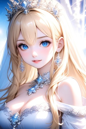 Beautiful girl, Calca Bessarez (Overlord), long hairstyle, blonde hair, blue eyes, tiara, princess, white dress, masterpiece quality, light particles, beautiful face, calm face, emo, looking at viewer, upper body, Anime Style., highly detailed