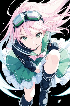 1girl, solo, looking at the audience, model pose, gentle smile, eyes with long and dense eyelashes (very bright and crystal clear), air gear, character name, text, Air Gear, black background, simca, grey eyes, pink hair, long hair, goggles, green sailor dress, gloves, fingerless gloves, goggles on headwear, boots