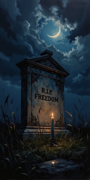 A haunting oil painting portrait of a tombstone, set against a dark and ominous sky with crescent moon shining bright. The weathered stone bears the epitaph 'R.I.P. FREEDOM' in faded script. A lone candle flickers at the base, casting eerie shadows on the surrounding grass. The composition is centered around the tombstone, with the background blending seamlessly into the dark atmosphere.