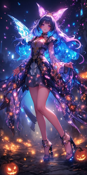 Gorgeous romantic elements, halloween theme, pumpkin, transparent bright color rendering, ((panorama)), flare rendering + transparent watercolor, color rendering, ((night background)), the foreground is a transparent colorful butterfly pattern with rotating vortex diffusion traces, the details of the characters are exquisite and delicate, wearing tie A beautiful butterfly fairy in a bright and transparent flowing elegant dress, with flowing long blue hair and luminous luxury and beautiful high heels. The fairy is graceful and elegant (all including feet). Silhouette 4, the gorgeous luminous transparent colorful bow adds the ultimate beauty and exudes sparkling light. Romantic, romantic, dreamy and dreamy effect, everything is glowing,Witch,anime,cute