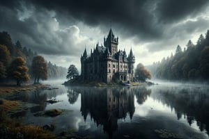 european castle near misty lake, dark ambient, misty, high_resolution, big mansion building, island middle of lake, no land near castle