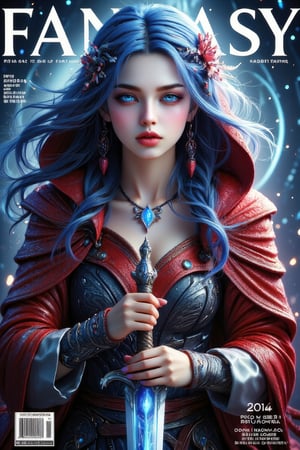 Masterpiece, highly detailed, best quality, 1girl, realistic style, flowing hair, blue hair, ahoge, hair accessories, majestic, holding sword, elegant, very aesthetic, blue glowing eyes, beautiful detailed eyes, navel, wear red hooded cape, long sleeves, serious face, looking at viewer, standing, dynamic pose, vivid colours, magazine cover with colourful background, magazine cover, Title with text read as "FANTASY",Text, Crystal Sword,Midjourney_Whisper