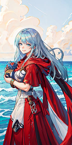 enterprise_azurlane, long_hair, blue_eyes, blue_hair, reah, red scarf, red cloak, red dress, bracelet, masterpiece, high_resolution, gentle_smile, happy, ocean, detailed_fingers