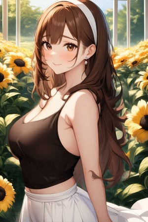 A young woman, Kelart, poses against a sunny outdoor backdrop, surrounded by blurry yellow sunflowers. She stands from the side, gazing directly at the camera with her warm brown eyes. Her extremely long brown hair cascades down her back, tied back with a white hairband. Her medium-sized chest is adorned with a black sleeveless top under a flowing white outfit that drapes elegantly over her curves. The portrait is framed by the lush greenery and sunflowers, with the soft sunlight casting a warm glow on her face.