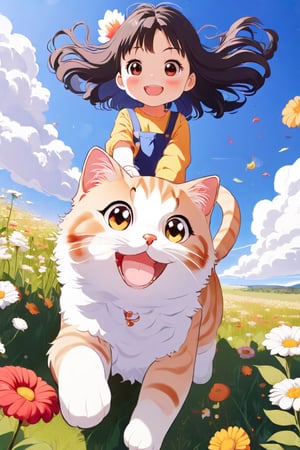 A joyful scene unfolds as a young girl with ahoge hair and eyes beams directly at the viewer. Her happiness is infectious, radiating from her bright smile. Against a blue sky with fluffy clouds, she rides a massive cat that leaps into frame, its paws barely grazing the lush meadow grass. Vibrant flowers bloom around them, adding to the whimsical atmosphere. The camera captures this delightful moment from a low-angle point-of-view (POV), emphasizing the girl's exuberance and the cat's playful majesty.