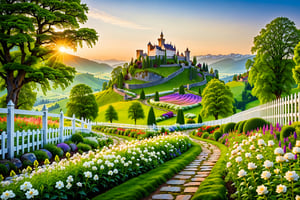 A serene and idyllic scene unfolds, with a lush green flower garden nestled beside a charming white wooden fence, its rustic charm punctuated by the soft glow of late afternoon sunlight. A meandering stone pathway winds its way through the blooms, leading the eye to a majestic castle perched atop a misty mountain range in the distance. The medieval atmosphere is palpable, with towering trees and rolling hills completing the picturesque landscape.