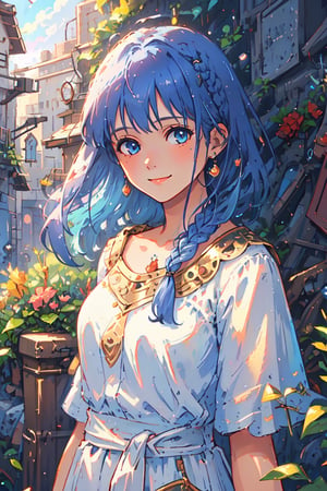 (masterpiece), best quality, high resolution, extremely detailed, detailed background, dynamic lighting, realistic, photorealistic, princess, reah, 1 girl, hands behind back, gentle smile, realistic, long blue hair, braid, facing viewer, Colors, simplecats