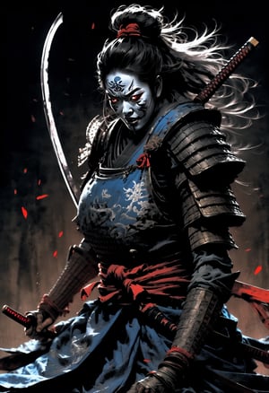 Score 9, Source Manga, (2 page manga) (Japanese samurai woman in Japanese armour engaged in slashing combat in the dark), Anime style, 1girl, Excellent image quality, Exquisite detail, Charcoal drawing, Charcoal, Popular Japanese action manga, Ink painting, Holding a bow, Swinging a bow down, Blue aura, Glowing eyes, Demon mask, Cold air coming from mouth,warrior