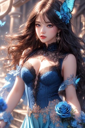 masterpiece, high quality, realistic aesthetic photo ,(HDR:1.4), pore and detailed, intricate detailed, graceful and beautiful textures, RAW photo, 16K, (bokeh:1.1), ((A blue-rose fantasy-world theme)), diffused sunlight, cool tone, blue-velvet butterfly,
attractive-1girl, black lace sexy bodysuit, blue tops, blue skirt, captivating beautiful face,  beautiful light blue wavy long hair, dull bangs, detailed beautiful blue eyes, smooth fair skin, light-pink lips, eye_shadow, large breasts, small earing, 
high detailed, ultra detailed,Subsurface scattering
high resolution, world-class official images, impressive visual, perfect composition,1 girl