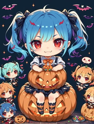 ((Chibi character)), vampire, masterpiece, highly detailed, 16K, HD, vibrant color, halloween_costume, cute_fang, chibi, detailed_background, funny, smile, twintails, blue hair, glowing red eyes, trick or treat,score_9, score_8_up, score_7_up,source_anime,BREAK,