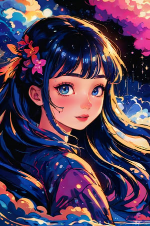 Anime style, retro style, highly detailed, masterpiece, fantasy art, 1girl, solo, long blue hair, twintail, looking straight up, blush, bangs, blue eyes, wavy hair, hair ornament, parted lips, blurry, eyelashes, excellent quality, light particles, water drop, stunning_image, Anime art style, vspop, rich color,kidz