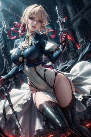 high detail, rapthalia, women, vampiric, large breasts, ((leather leggings, thigh uniform), stiletto boots, black lips, (pretty red glowing eyes), pretty face, teasing, evil look, fang teeth, smirk, (blood dripping from mouth), demon wing, pornographic pose, blurry background, vamptech, manga panel, monochrome, full length, masterpieces, violet evergarden, braid, hair ribbon, red ribbon, jewelry, white ascot, brooch, blue jacket, long sleeves, brown gloves, white dress, long dress