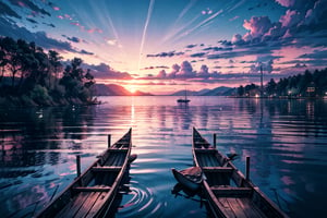 panoramic view, panoramic photograph, panoramic shot, Create an image of a serene lakeside scene at sunset. The calm waters of the lake mirror the brilliant oranges, pinks, and purples of the sky as the sun dips below the horizon. Tall, slender reeds sway gently at the water's edge, and a wooden dock extends out into the lake, with an old rowboat tied to it. On the far side of the lake, dense forest surrounds the water, its silhouette dark against the colorful sky. A pair of swans glides gracefully across the water, leaving ripples in their wake. The atmosphere is peaceful and still, capturing the quiet beauty of nature at the end of the day.