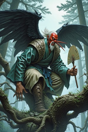 Tengu, traditional japanese yokai, yokai in misty mountain forest, long-nosed mask, fierce red face, stick like long nose, white hair and beard, wearing traditional yamabushi attire, large black wings, holding big fan, perched on ancient gnarled tree, surrounded by towering cedar trees,Midjourney_Whisper