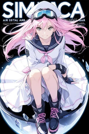 1girl, solo, looking at the audience, model pose, gentle smile, eyes with long and dense eyelashes (very bright and crystal clear), air gear, character name, text, Air Gear, black background, simca, grey eyes, pink hair, long hair, goggles, sailor dress, gloves, fingerless gloves, goggles on headwear, boots