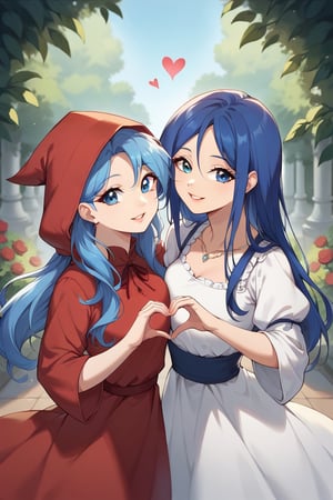 score_9, score_8_up, score_7_up, score_6_up, score_5_up,2girls,multiple girls,blue hair ,hearts hands, at garden, 2girls, reah (ys1), blue eyes, blue hair, long hair, pony hair, red hood dress, smile, parted lips, 2girls, feena (ys1), blue hair, blue eyes, light smile, white dress