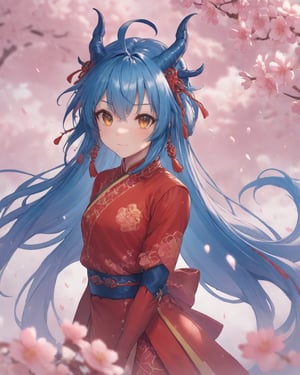 stylized inkpainting and digital anime painting, chinese dragon, 1dragon girl, long blue hair, wearing a cheongsam red armored dress, ray tracing, 8k, realistic, masterpiece, best quality, aesthetic, 1dragon girl, dragon, (insane beautiful cherry blossom trees backgournd:1.4)