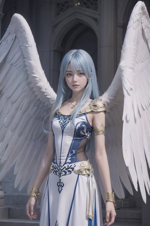 masterpiece, best quality, angelFeena, angel wings, white dress, blue hair, armlet, bracelet, majestic,1 girl 