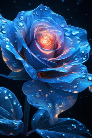 masterpiece, 8k, HDR, best quality, (highly detailed skin), photography, analog style, real life, extremely beautiful, (highly detailed, intricately detailed), (alluring eyes), depiction of a blue bioluminescent flower with bright, sharp, staring eyes, rose's petals attached to water droplets, mimics the texture seen in sculptural artwork, delicate combination of oil and marker lines on cracked epoxy glass, ultra-fine illumination, highly stylized and dramatic, (3D) image,Glowing Flower