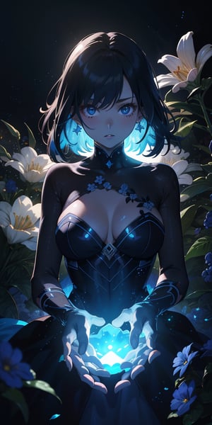 A majestic, highly detailed anime scene unfolds in stunning HD: a dark background serves as the canvas for a breathtakingly beautiful girl with jet-black hair. Her skin is adorned with vibrant, intricately designed flowers that radiate an otherworldly glow. As the camera zooms in on her face, the flowers' luminescence seems to pulse with an inner light, casting a mystical aura around her features. The atmosphere is charged with an air of mystique and creative mastery.