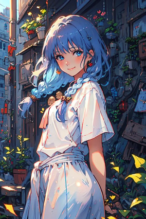 (masterpiece), best quality, high resolution, extremely detailed, detailed background, dynamic lighting, realistic, photorealistic, princess, reah, 1 girl, hands behind back, gentle smile, realistic, long blue hair, braid, facing viewer, ,Colors,simplecats
