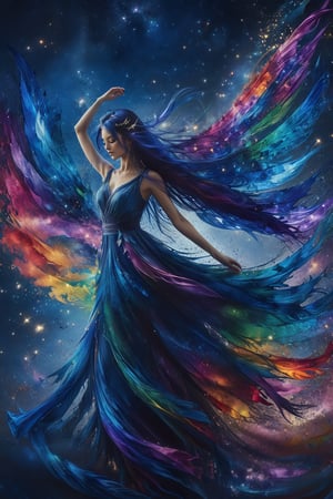 masterpiece, high quality realistic, realistic aesthetic photo, sharp forcus, vibrant colors, galaxy of background, (full body shot), rainbow-color, elegance, passion, fairy, beautiful girl, long blue hair, long dress, wind, dancing, DonMF41ryW1ng5XL,ink,DonMM1y4XL