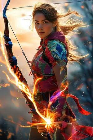 realistic, beautiful, elemental, magic, 1girl, majestic, holding bow, olympic, sports, archery, standing pose