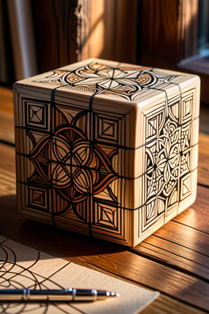 A close-up shot of a intricate, hand-drawn rubic's cube artwork, with delicate sketches and shading that convey complexity. The object sits on a worn wooden table, partially hidden by a faint shadow. Soft, warm lighting casts a gentle glow on the surface, highlighting the subtle textures and crevices.