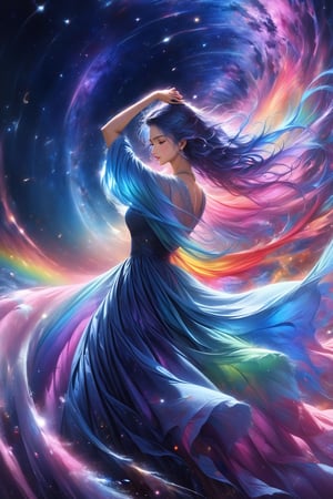 anime girl, masterpiece, high quality realistic, realistic aesthetic photo, sharp forcus, vibrant colors, galaxy of background, (half body), rainbow-color, elegance, passion, fairy, beautiful girl, long blue hair, long dress, wind, dancing, DonMF41ryW1ng5XL,ink,DonMM1y4XL