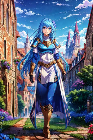 masterpiece, best quality, absurdres, perfect anatomy, 1girl, solo, reah, long blue hair, hair flower, gloves, armor, breastplate, bodysuit, pelvic curtain, standing, smile, outdoors, medieval city, castle in background,