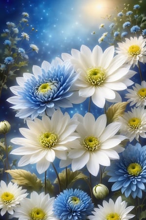 white flowers, blue chrysanthemums,Flora,Flower,Photo Realistic