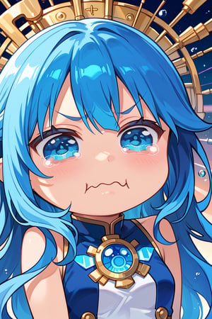 masterpiece, highly detailed, 16k, ultra HD, meme, chibi, chibi style, closed mouth, upper body, cute face, anime style, 1girl, long blue hair, blue glow eyes, ba_chibi, score_9, score_8_up, score_7_up, source_anime,BREAK, aquacrying, wavy mouth, tearing up