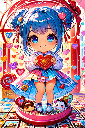 ((postage stamp)), illustration, chibi, cute, (girl from the 9th dimension). (incredible smile:1.4), (ultimately adorable:1.4), (incredibly adorable:1.4), (super kawaii:1.4), (masterpiece:1.4), highest quality, 16k, ultra-detailed, very clear and precise images, full body, perfect anatomy, valentine, blue hair, blue eyes