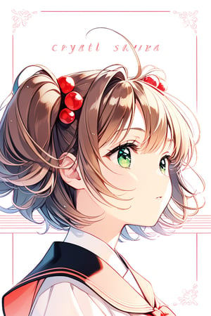 1girl, solo, looking at the audience, model pose, calm face, eyes with long and dense eyelashes (very bright and crystal clear), character name, text, kinomoto sakura, antenna hair, brown hair, short hair, twintails, green eyes, hair bobbles, Mahou Shoujo uniform, 