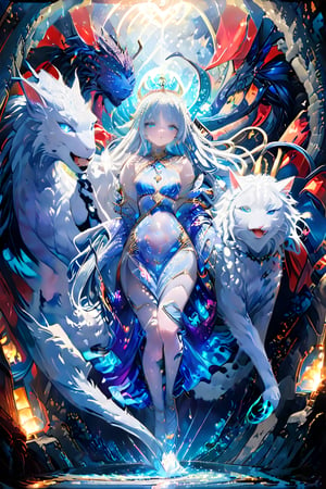 A majestic queen of cats grasps a massive feline companion in her arms, captured in a full-body shot. Her porcelain-like skin appears almost translucent against the vibrant colors surrounding her. Wide, long blue hair, blue sapphire eyes gleam with an otherworldly intensity, as if fueled by ancient mystical powers. The artwork's vertical composition and intricate details create a breathtaking, dreamlike atmosphere, transporting viewers to a realm where mythical creatures reign supreme.,BLE