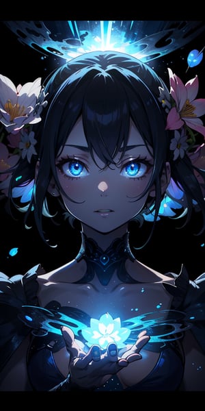 A majestic, highly detailed anime scene unfolds in stunning HD: a dark background serves as the canvas for a breathtakingly beautiful girl with jet-black hair. Her skin is adorned with vibrant, intricately designed flowers that radiate an otherworldly glow. As the camera zooms in on her face, the flowers' luminescence seems to pulse with an inner light, casting a mystical aura around her features. The atmosphere is charged with an air of mystique and creative mastery.