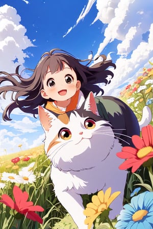 A joyful scene unfolds as a young girl with ahoge hair and eyes beams directly at the viewer. Her happiness is infectious, radiating from her bright smile. Against a blue sky with fluffy clouds, she rides a massive cat that leaps into frame, its paws barely grazing the lush meadow grass. Vibrant flowers bloom around them, adding to the whimsical atmosphere. The camera captures this delightful moment from a low-angle point-of-view (POV), emphasizing the girl's exuberance and the cat's playful majesty.